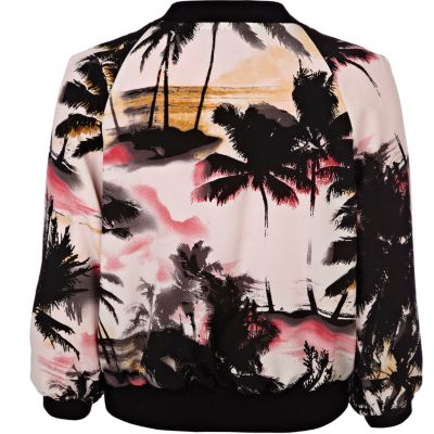 Pink palm tree print bomber jacket