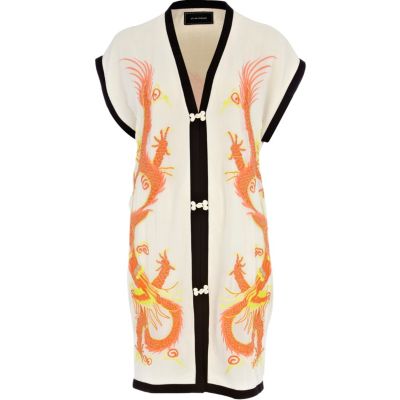 Orange print dragon embroidered print kimono