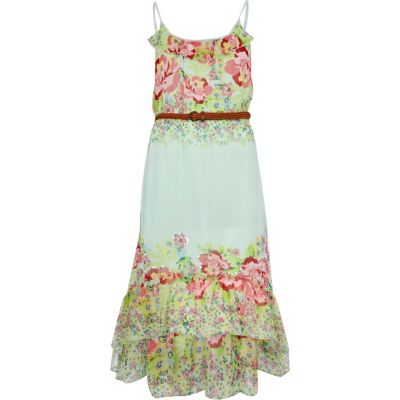 Light green floral print dip hem maxi dress