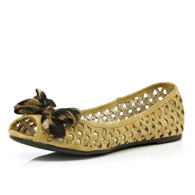 beige lattice peep toe ballerina pumps 