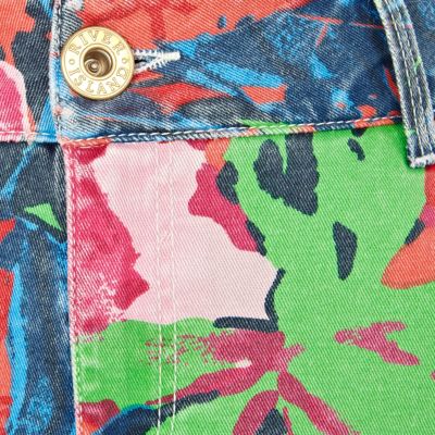 Red tropical print denim pencil skirt