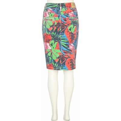 Red tropical print denim pencil skirt