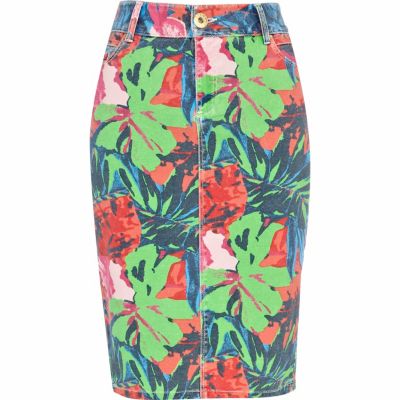 Red tropical print denim pencil skirt