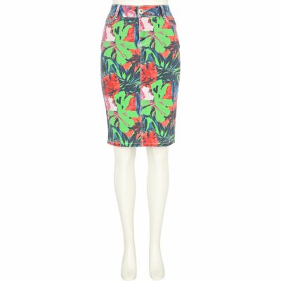 Red tropical print denim pencil skirt