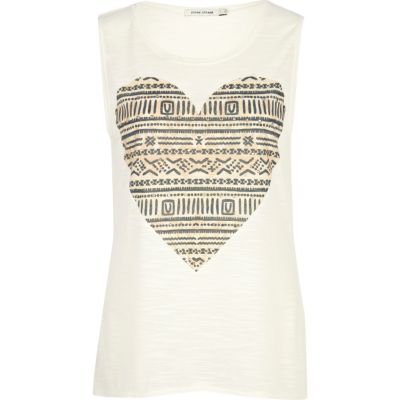 white embellished tribal heart tank top