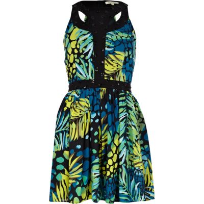 Green pattern print cut out skater dress
