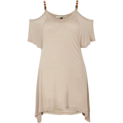 Beige embellished strap cut out shoulder top