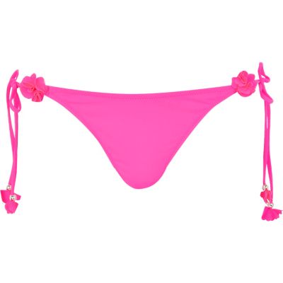 Bright pink ruched 3d rose bikini briefs