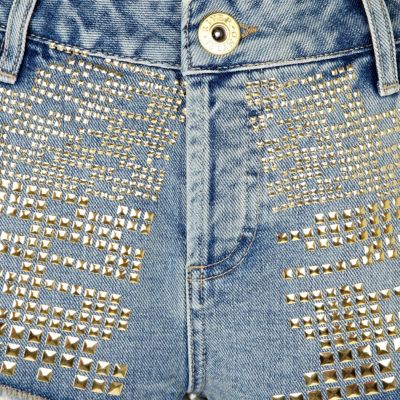 Mid wash denim studded knicker shorts