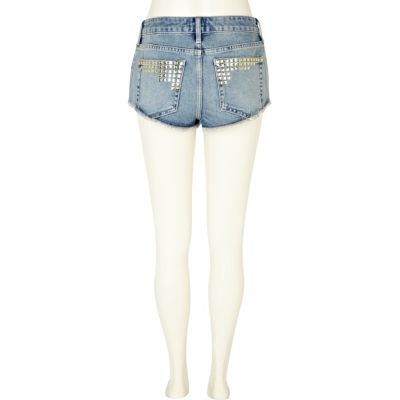 Mid wash denim studded knicker shorts