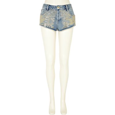 Mid wash denim studded knicker shorts
