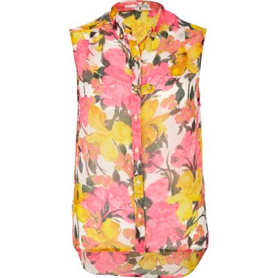yellow floral print sleeveless shirt