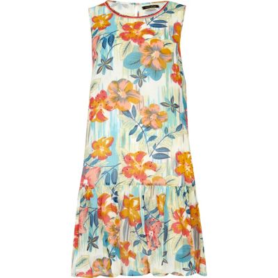 Blue floral print drop waist dress