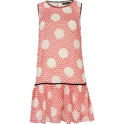 Coral polka dot drop waist dress