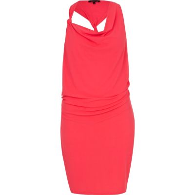 Pink knot front drape neck dress