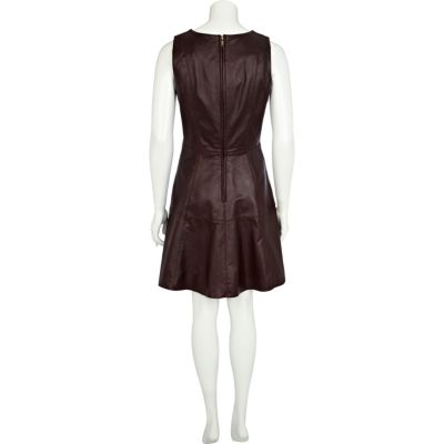 Dark red leather fit and flare dress