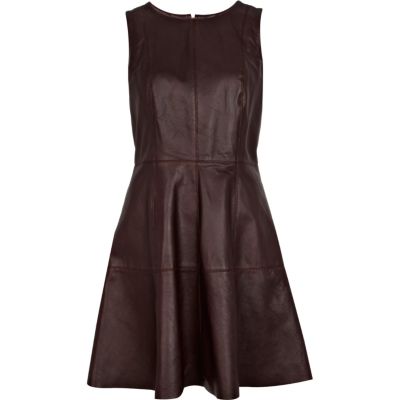 Dark red leather fit and flare dress