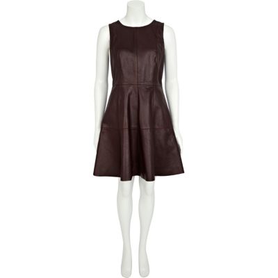 Dark red leather fit and flare dress