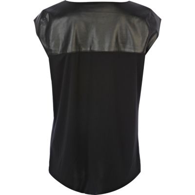 Black leather look panelled t-shirt