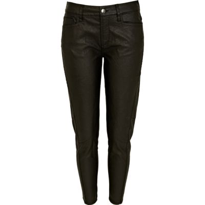 Black leather look crop trousers