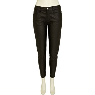Black leather look crop trousers