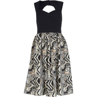 Black print cut out back midi prom dress