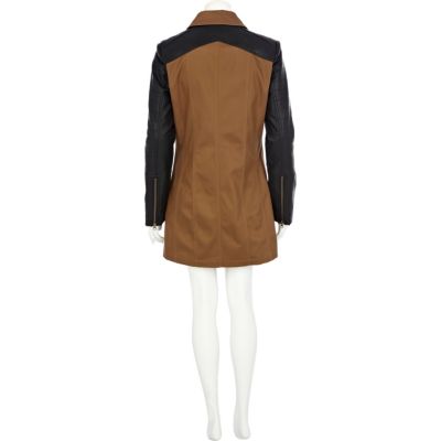 Light brown leather look sleeve trench coat