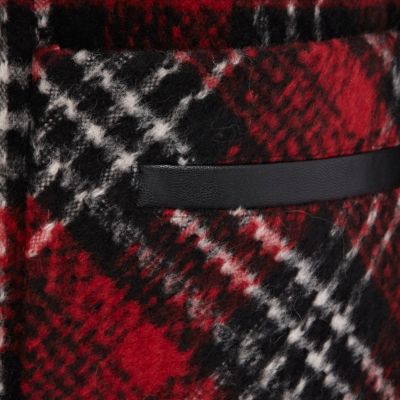 Red tartan faux fur collar boyfriend coat