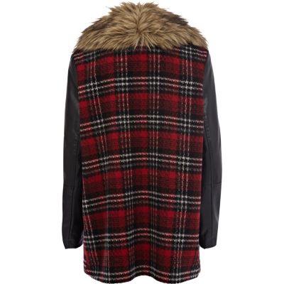 Red tartan faux fur collar boyfriend coat