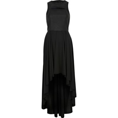 Black leather look sleeveless dip hem dress