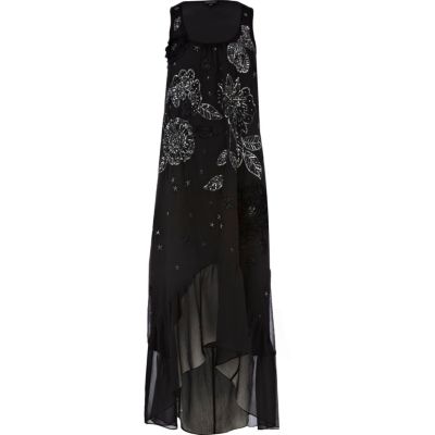 Black embellished dip hem maxi dress