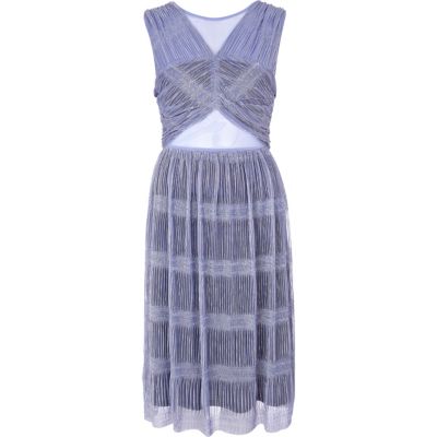 Blue cut out pleated lurex prom dress