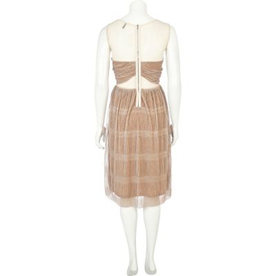 Beige cut out pleated lurex prom dress