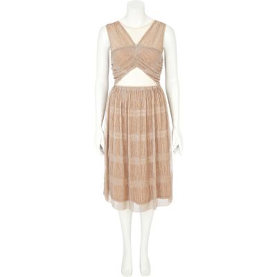 Beige cut out pleated lurex prom dress