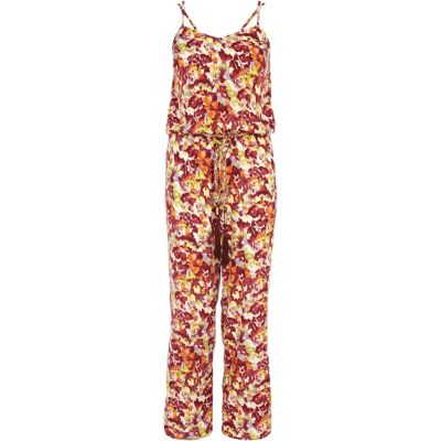Red floral print jumpsuit