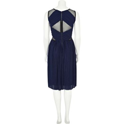 Navy cut out pleated lace midi prom dress