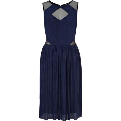 Navy cut out pleated lace midi prom dress