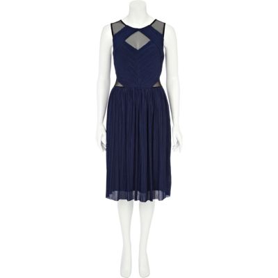 Navy cut out pleated lace midi prom dress