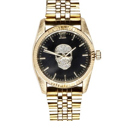 Gold tone skull face bracelet watch