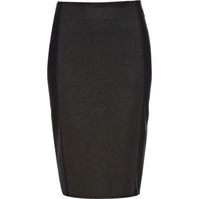Black leather and ponte panelled pencil skirt