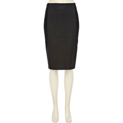 Black leather and ponte panelled pencil skirt