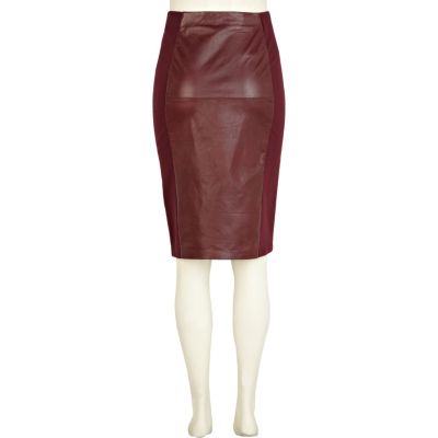 Red leather and ponte panelled pencil skirt