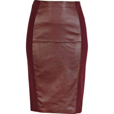 Red leather and ponte panelled pencil skirt