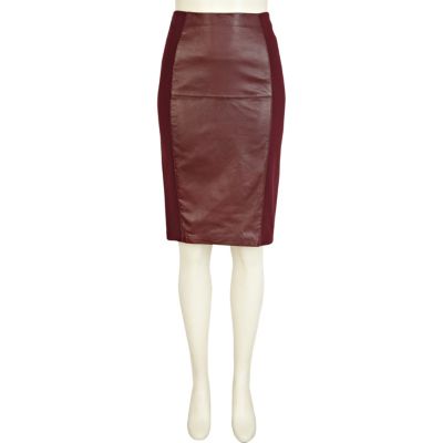 Red leather and ponte panelled pencil skirt