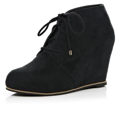 Black leopard print panel wedge ankle boots - shoes  boots - sale ...