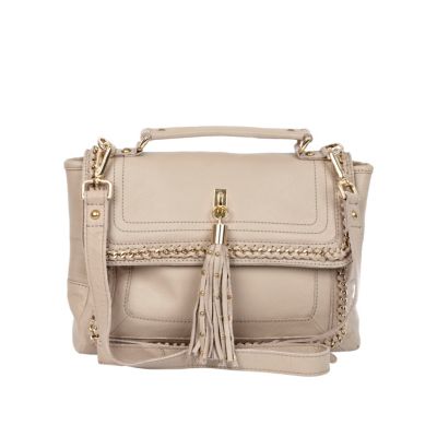 Beige leather chain detail satchel