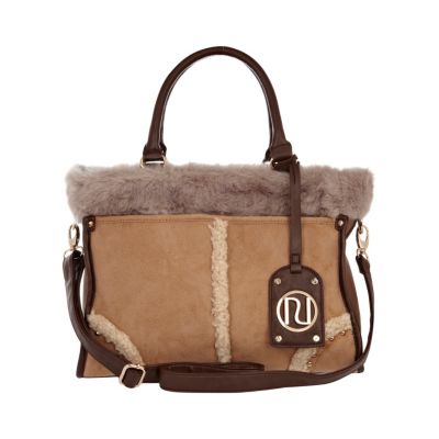 Brown faux fur mix tote bag