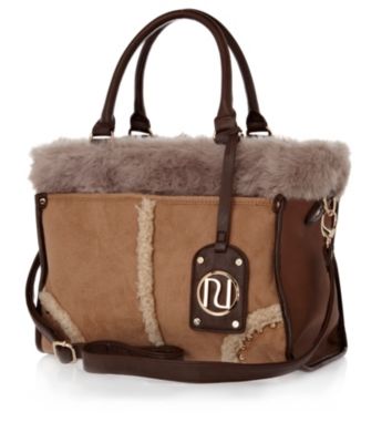 Brown faux fur mix tote bag