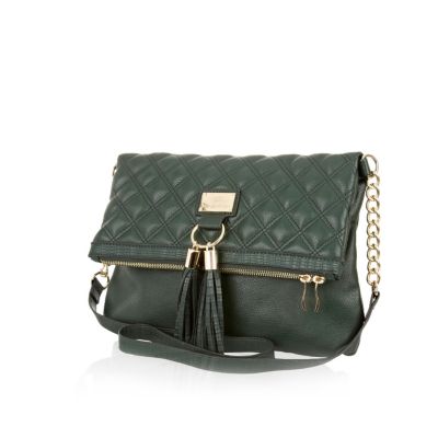 Green quilted tassel messenger bag