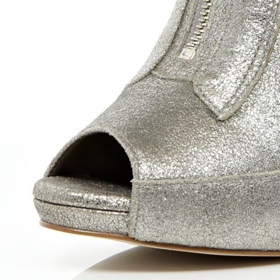 Silver zip front peep toe heels